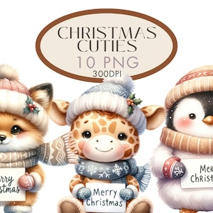 Animaux de Noël mignons Joyeux Noël signes aquarelle Clipart PNG Animaux de la forêt de Noël, journalisation à usage Commercial Téléchargement instantané