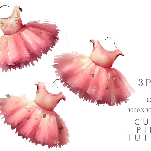 3 Pink Tutus Watercolor Clipart PNG, Ballet Clipart, Ballerina Clipart Commercial Use Clipart, Templett, Corjl & Canva Friendly