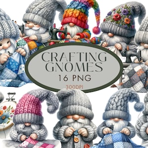 Handwerk Zwerge Clipart PNG Bundle, Nähen Gonk Wolle Stricken Stickerei Aquarell Clipart für kommerzielle Nutzung, Digital Sofort Download