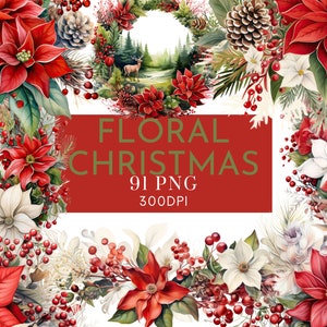 Pacote com 91 clipart de aquarela de Natal – Poinsétia, azevinho, guirlandas e molduras – Elementos florais PNG para cartões, artesanatos e convites