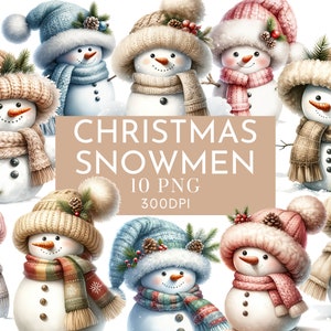 Bonhommes de neige de Noël aquarelle Clipart PNG, bonhomme de neige de Noël rose bleu Beige pastel, journal indésirable à usage Commercial téléchargement immédiat