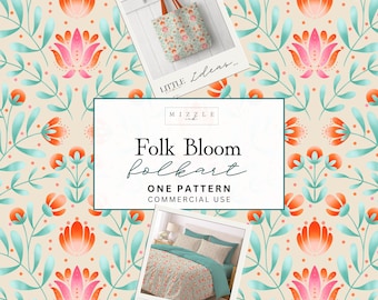 Diseño floral sin costuras de arte popular / Papel digital color crema y rosa coral / Diseño botánico simétrico para tela, papel tapiz y sublimación.