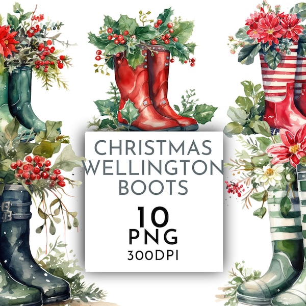 Welly Boots with Christmas Flowers Watercolor Clipart PNG, Wellington Boots , Junk Journaling  Commercial Use Instant Download