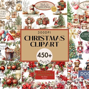 Pacote de clipart de Natal - Mais de 450 PNG, animais de Natal, enfeites, quebra-nozes, cenas de neve, presentes, perfeito para cartões, artesanato e convites
