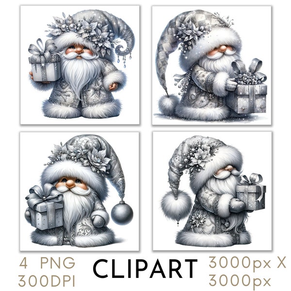 Silver Christmas Gnomes Illustration Watercolor Clipart PNG Set 4 Christmas Xmas Commercial Use, Paper Crafts Digital Instant Download