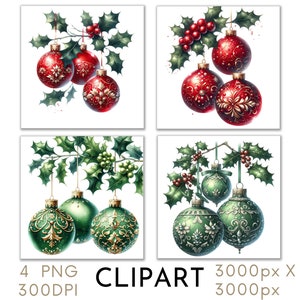 Red Green Christmas Baubles Illustration Watercolor Clipart PNG Set 4 Christmas Xmas Commercial Use, Paper Crafts Digital Instant Download