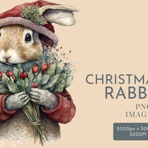 Lapin de Noël aquarelle Clipart PNG, Clipart animaux de fête, Clipart de chambre d'enfant, usage Commercial des cliparts, Templett, Corjl & Canva Friendly