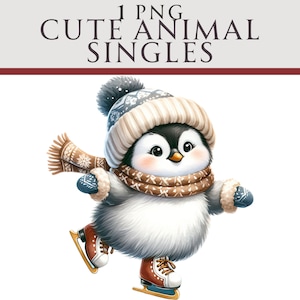 Clipart de pinguim patinando no gelo, PNG de Natal de inverno, ilustração de inverno, ideal para cartões de felicitações, artesanato, berçário e criação de convites