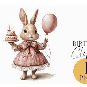 Geburtstags-Kaninchen Clipart mit rosa Luftballon, niedliches Kaninchen hält Kuchen, Tierparty-Digital-PNG-Grafik, Kindereinladung, Kinderzimmer-DIY Handwerkskunst