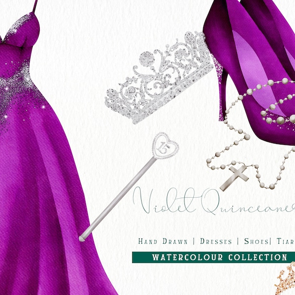 Violet Quinceanera Illustration, Prom Dresses, Tiaras Crowns Bible, Rosary Beads, Commercial Use Clipart, Templett, Corjl & Canva Friendly