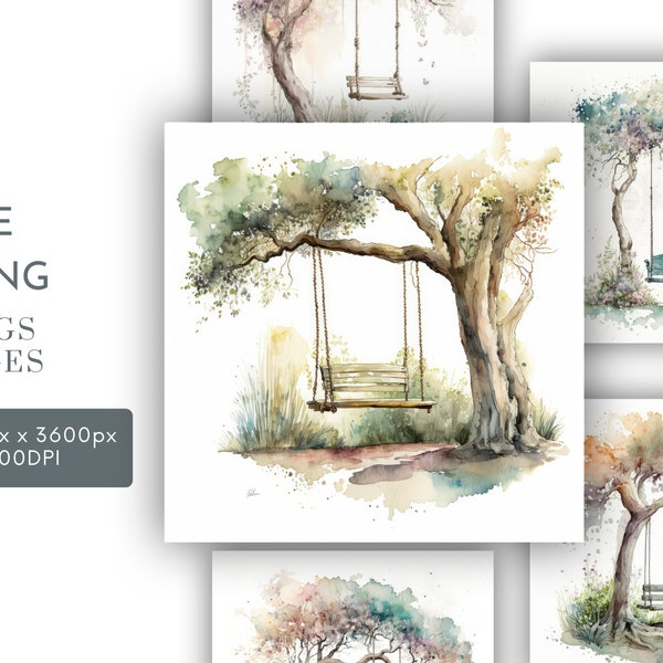 Tree Swing Watercolor Clipart JPG, Background Designs , Junk Journaling, Peaceful Watercolor Wall Art Commercial Use Instant Download