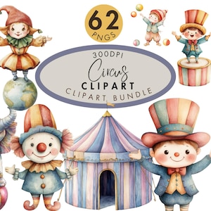 Circus Clipart Bundle, 62 PNG Circus Graphics, Watercolour Circus Animals, Kids Party Decor, Scrapbooking, DIY Crafts, Printable Art