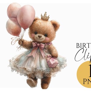 Süße Teddybär Prinzessin Clipart, Geburtstagsgeschenk Ballons, Mädchen-Party Grafik, Kinderzimmer-Wand-Kunst-Dekor, Scrapbooking PNG, Aquarell Design