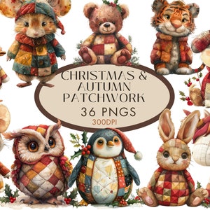 Weihnachten Patchwork Aquarell Clipart PNG Bundle, Herbst Herbst Patchwork Tiere Junk Journal Kommerzielle Nutzung, Digital Sofort Download