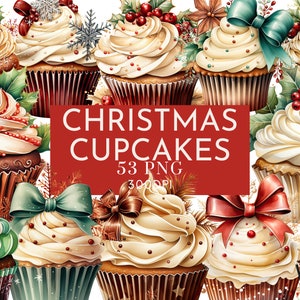 Paquete de 53 imágenes prediseñadas de acuarela de cupcakes navideños, pasteles de hadas elegantes y ornamentados para uso comercial, descarga digital instantánea