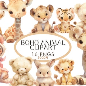 Paquete de imágenes PNG de animales bohemios, adorables animales de safari, arte digital de jirafa, león, conejo, tigre y oso, gráficos de sublimación para guarderías (300 DPI)