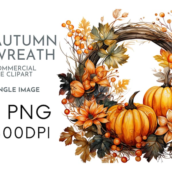 Watercolor Autumn Wreath, Fall Single Image Clipart PNG for Commercial Use, Fall Orange & Brown , Transparent PNGs, Invite Crafting