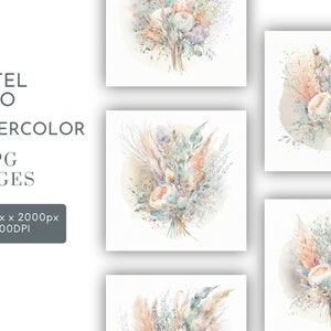 Boho Floral Bouquet  Watercolor Clipart JPG, Junk Journaling, Pastel Boho Watercolor Wall Art Commercial Use Digital Instant Download