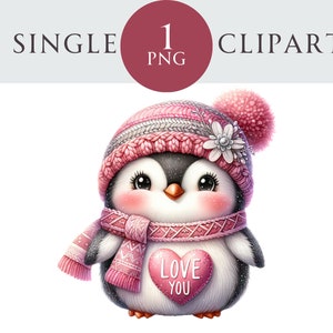 Valentine Penguin Clipart, Love You Animal PNG Illustration, Ideal para cartões de felicitações, artesanato, berçário, convites, projetos de papel