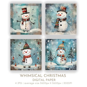 Whimsical Snowman Christmas Digital Paper Set 4 JPG Christmas Card Making Festive Santa Junk Journal Scrapbook Digital Instant Download
