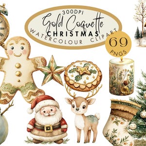 Clipart Noël coquette dorée PNG | Designs de vacances élégants pour faire-parts, cartes et travaux manuels | Téléchargement numérique pour une utilisation instantanée