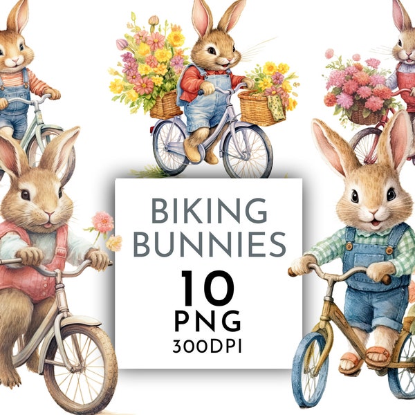 Aquarelle des cliparts mignons lapins à vélo, lapin PNG, des cliparts pour chambre d'enfant, courrier indésirable pour usage Commercial, téléchargement immédiat