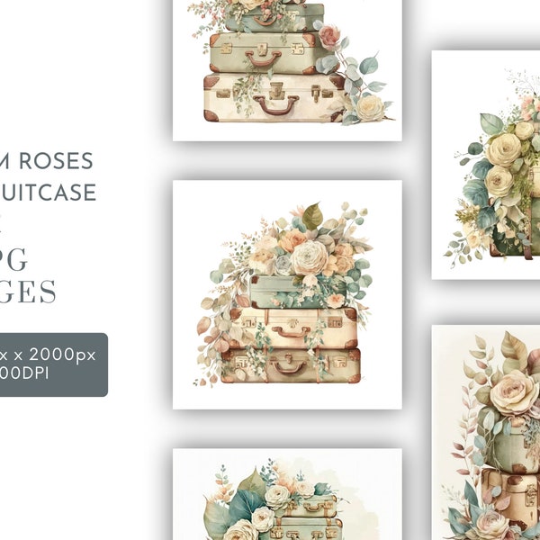 Cream Roses on Suitcase Stack  Watercolor Clipart JPG, Junk Journaling, Floral Watercolor Wall Art Commercial Use Digital Instant Download