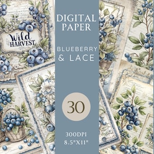 Papel de diario basura de arándanos y encaje: 30 páginas imprimibles, efímera de frutas vintage, descarga digital de álbum de recortes de estilo rústico, juego de 8,5 x 11 pulgadas