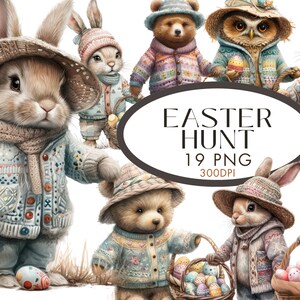 Pâques chasse animaux Clipart PNG Bundle, lapin, souris raton laveur chambre d'enfant aquarelle utilisation commerciale, hibou ours téléchargement numérique
