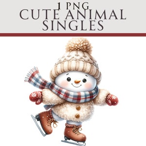 Boneco de neve patinando no gelo Clipart, Natal de inverno PNG, Ilustração de inverno, Ideal para cartões de felicitações, artesanato, berçário e criação de convites