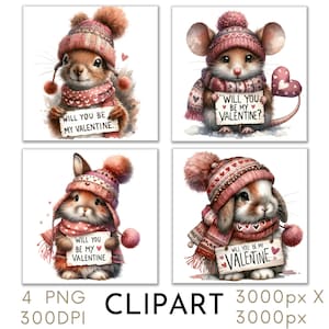 Ilustración de ratón de San Valentín, imágenes prediseñadas de acuarela, conjunto de 4 imágenes PNG, uso comercial, manualidades de papel, descarga digital instantánea