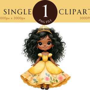 Prinses clipart, gele jurk, Afro-Amerikaanse prinses schattige kwekerij PNG, aquarel clipart, meisjes clipart voor scrapbooking kaart invite
