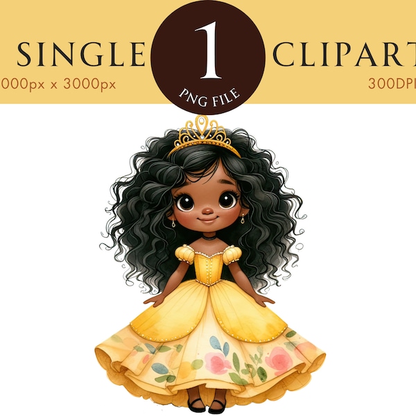 Princess Clipart, Yellow Dress, Afro American Princess Cute Nursery PNG, Watercolor Clipart, Girls Clipart For Scrapbooking Card Invite