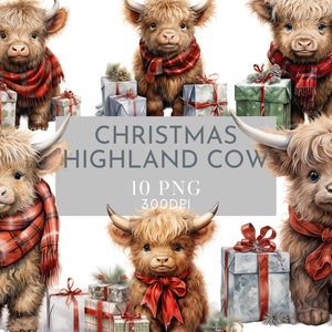 Christmas Highland Cow Watercolor Clipart PNG, Festive Cow , Junk Journaling , Watercolor Christmas Presents Commercial Use Instant Download