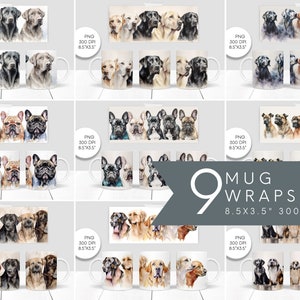 Watercolor Dogs Mug Template Bundle, Sublimation Mug Design, 11oz Mug Templates, Instant Download Coffee Mug Full Wrap, Mug PNG