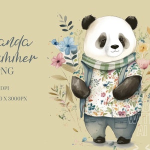 Zomerpanda aquarel clipart png, bosdieren clipart, kwekerij clipart commercieel gebruik clipart, Templett, Corjl en canvas-vriendelijk
