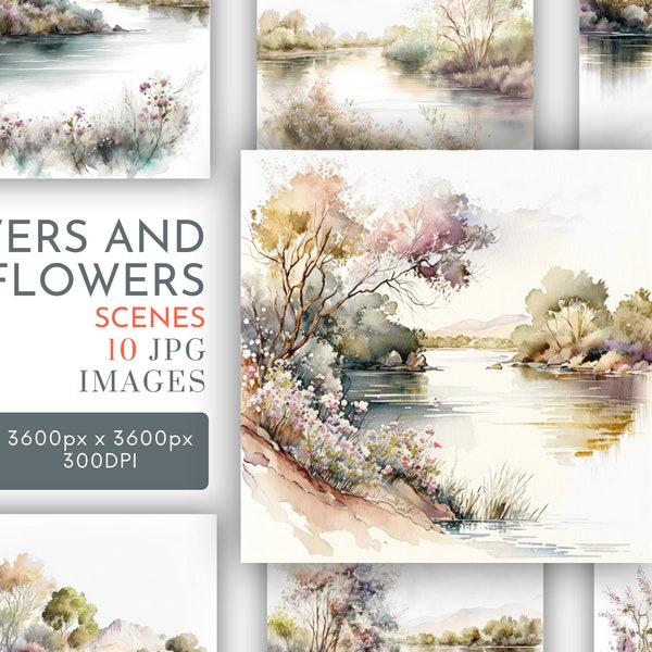 Clipart JPG aquarelle de rivières avec des berges de fleurs, motifs de fond, journalisation indésirable, art mural paisible, usage Commercial, téléchargement immédiat