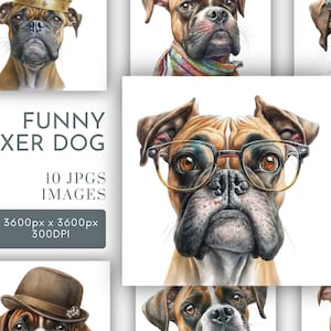 Grappige bokser honden met bril muts sjaal strikje clipart JPG, ongewenste journaling, huisdier aquarel muur kunst commercieel gebruik digitale Instant Download