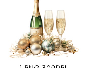 Christmas Champagne Bottle and Glasses and Flowers Watercolor Clipart PNG, Christmas Commercial Use Clipart Templett, Corjl & Canva Friendly