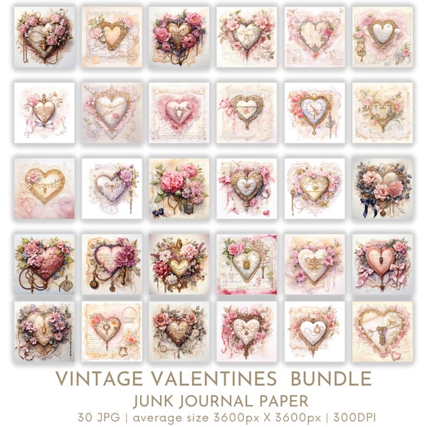Valentines Backgrounds Digital, Hearts Flowers Square Papers, Journal Pages Pinks Reds Scrapbook Cards Gifts Commercial Use JPG