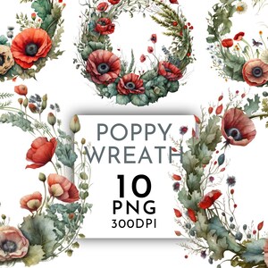Mohn Kranz Clipart, Blumen PNG auf transparentem Hintergrund, Aquarell Clipart Kommerzielle Nutzung, Digital Instant Download