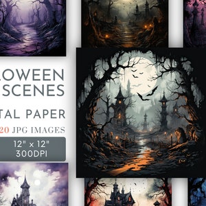 Scene di Halloween Sfondi digitali, carte quadrate spettrali, pagine di diario, casa infestata al chiaro di luna, album di ritagli, carte, uso commerciale JPG