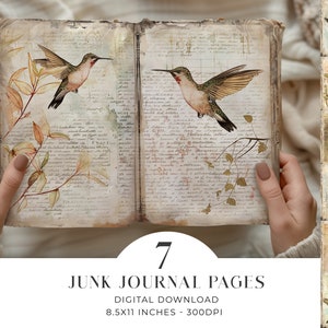 Hummingbirds Junk Journal Pages 7 Digital Journal Bifold Pages Watercolor Vintage Digital Paper Printable Paper Craft  11 x 8.5 JPG Download