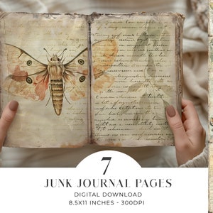 Nachtvlinder 7 digitale dagboekpagina's Shabby Chic Junk Journal digitaal papier afdrukbaar natuur papier ambacht collageblad 11 x 8,5 download