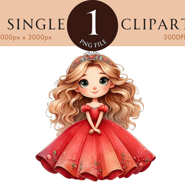 Princess Clipart, Red Dress , Blonde Hair Princess Cute Nursery PNG, Watercolor Clipart, Girls Clipart For Scrapbooking Card Invite