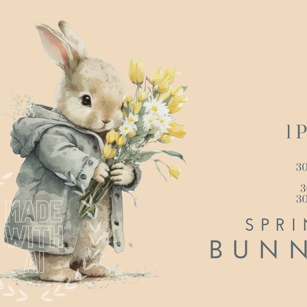 Bunny Clipart , Nursery Spring Clipart , Daffodils Clipart , Easter Clipart , Spring Bunny Clipart , Floral Clipart- Nursery