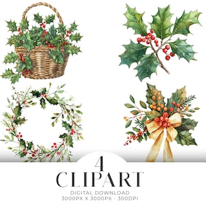 Natal Holly Aquarela Clipart PNG Conjunto 4 Coroa Buquê, Cartão Convite Scrapbook Junk Journal Download Digital Instantâneo, Uso Comercial