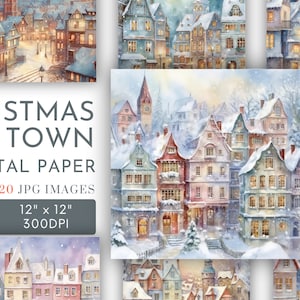 Christmas Town Papers Backgrounds Digital, Festive Village Square Papers, Journal Pages Christmas Scrapbook Cards Gifts Commercial Use JPG