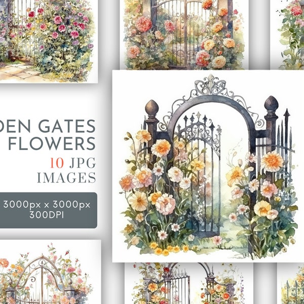 Garden Gates with Flowers Watercolor Clipart JPG, Background Designs Junk Journaling Peaceful Wall Art Commercial Use Instant Download