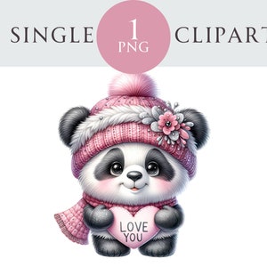 Valentine Panda Clipart, Love You Animal PNG Illustration, Ideal para cartões de felicitações, artesanato, berçário, convites, criação de projetos de papel